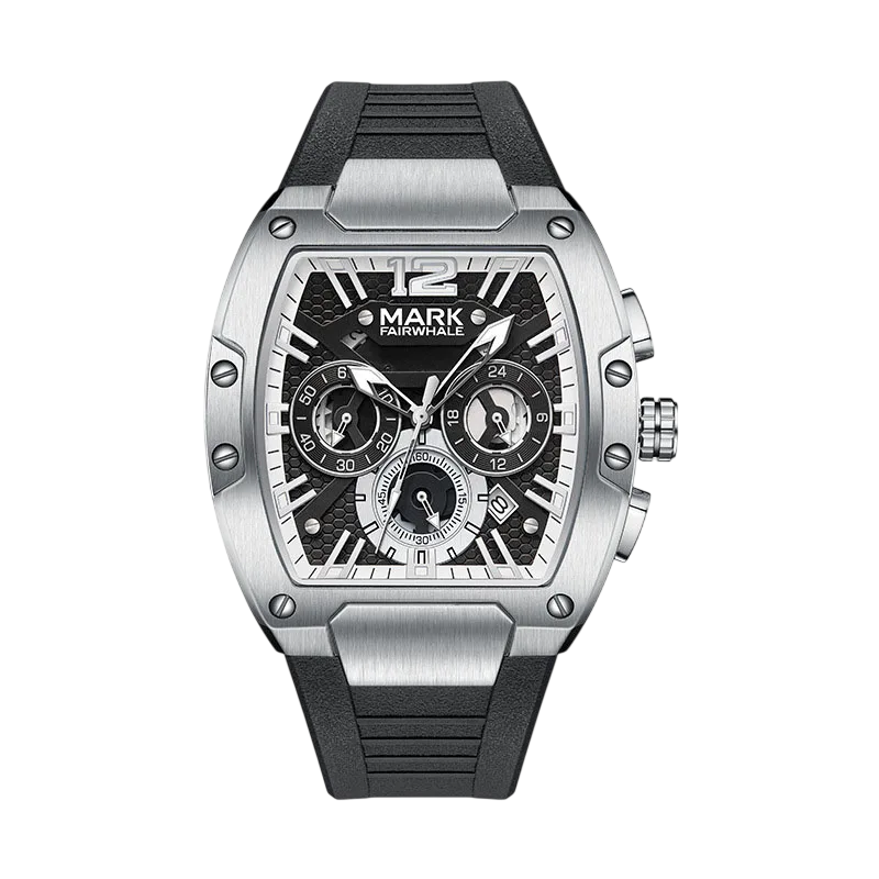 Silver and black watch with detailed face on a white background