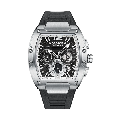 Silver and black watch with detailed face on a white background