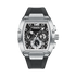 Silver and black watch with detailed face on a white background