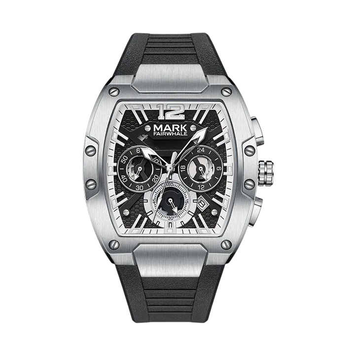 Silver and black watch with detailed face on a white background