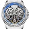 Silver and blue mechanical watch with visible brand name on a white background