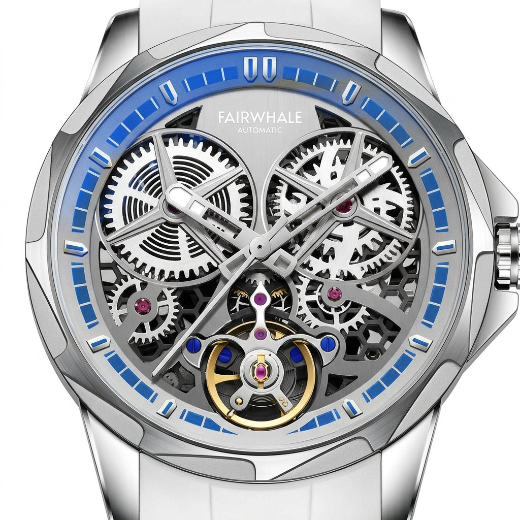 Silver and blue mechanical watch with visible brand name on a white background