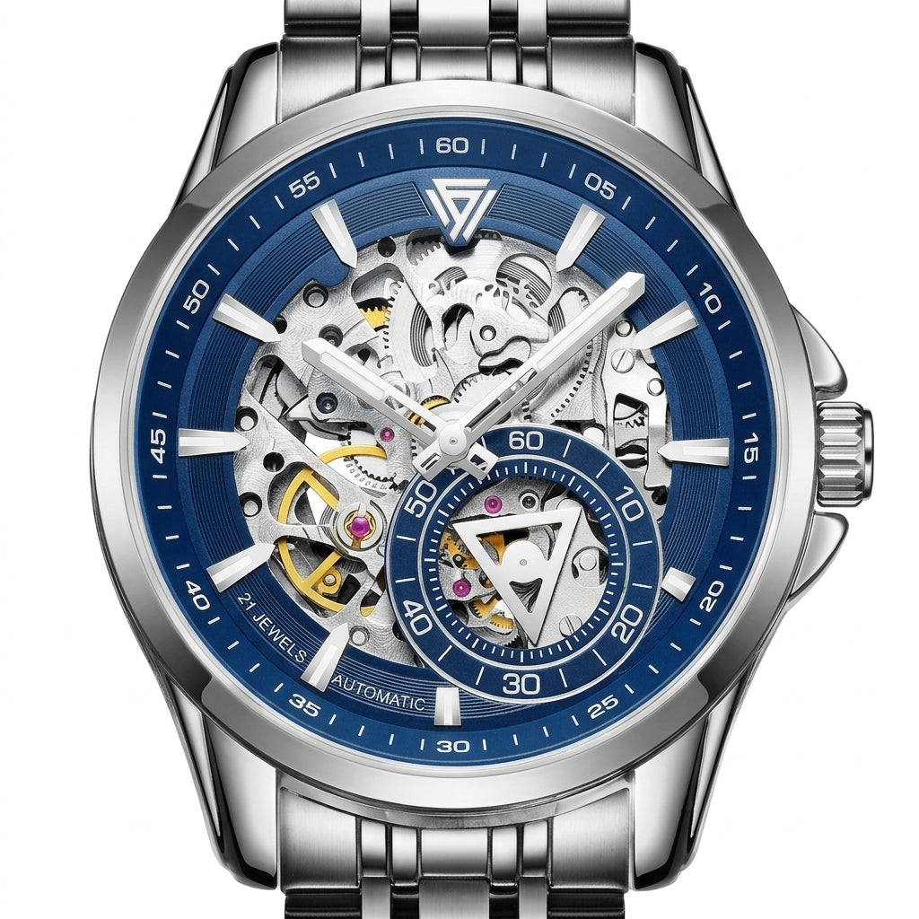 Silver and blue mechanical watch with visible gears on a white background