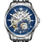 Silver and blue mechanical watch with visible gears on a white background