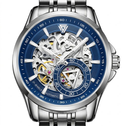 Silver and blue mechanical watch with visible gears on a white background