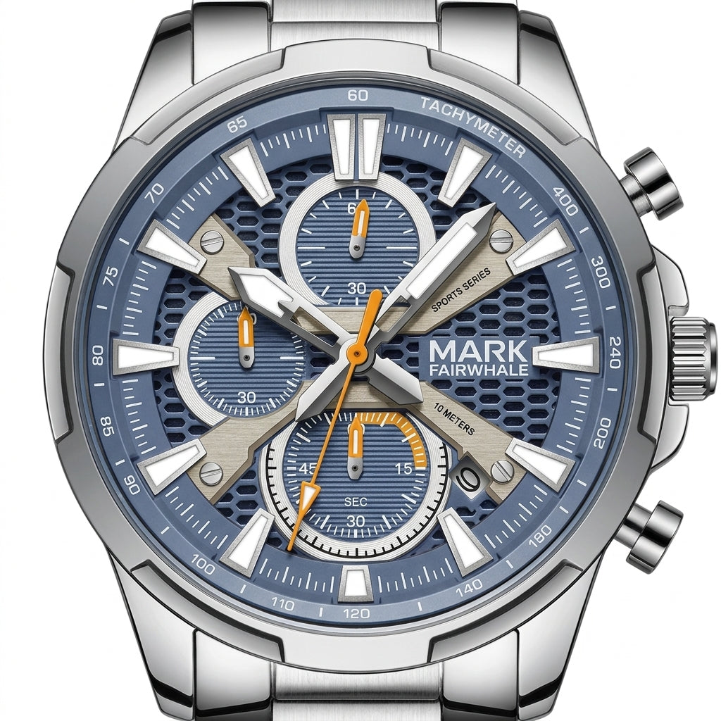 Silver and blue watch with 'Mark Fairwhale' branding on a white background