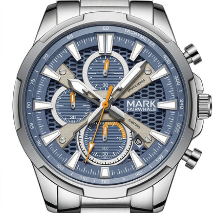 Silver and blue watch with &