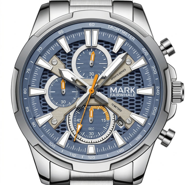 Silver and blue watch with &