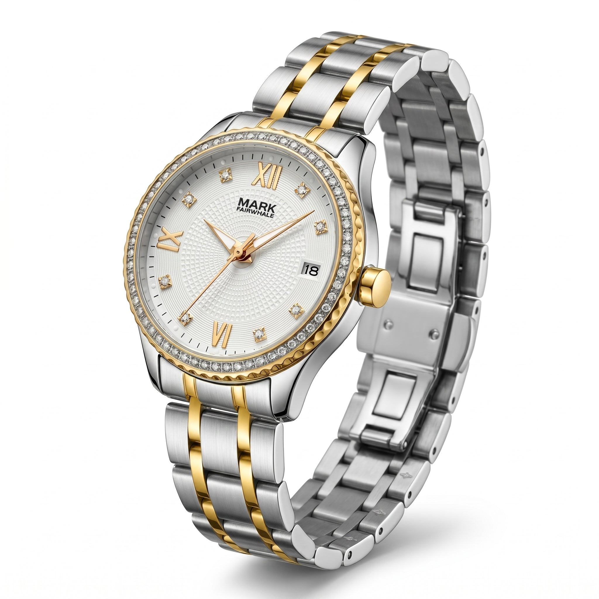 Silver and gold watch with a white face on a white background