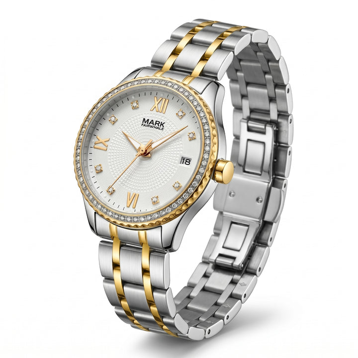 Silver and gold watch with a white face on a white background