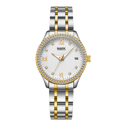Silver and gold watch with a white face on a white background