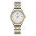 Silver and gold watch with a white face on a white background