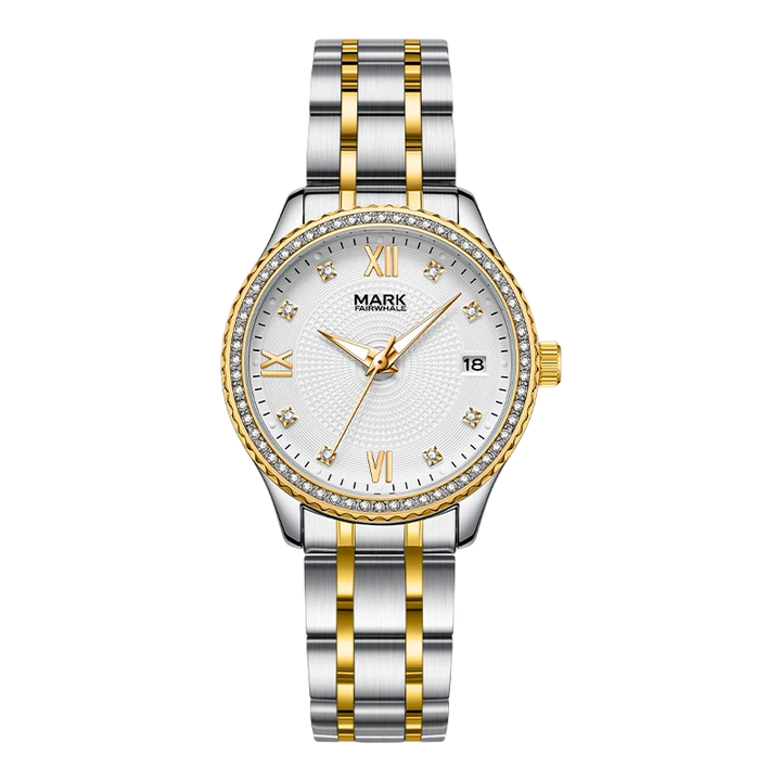 Silver and gold watch with a white face on a white background