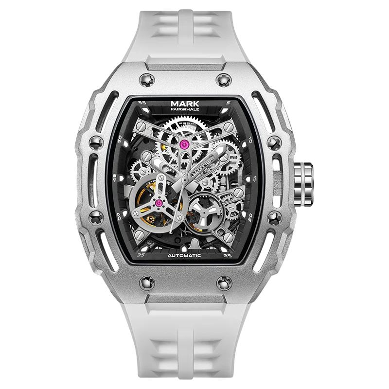 Silver and white watch with visible mechanical components on a white background