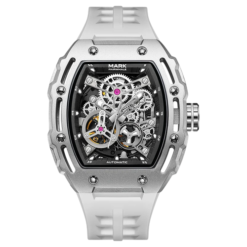 Silver and white watch with visible mechanical components on a white background