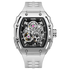 Silver and white watch with visible mechanical components on a white background