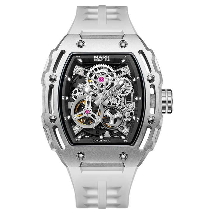 Silver and white watch with visible mechanical components on a white background