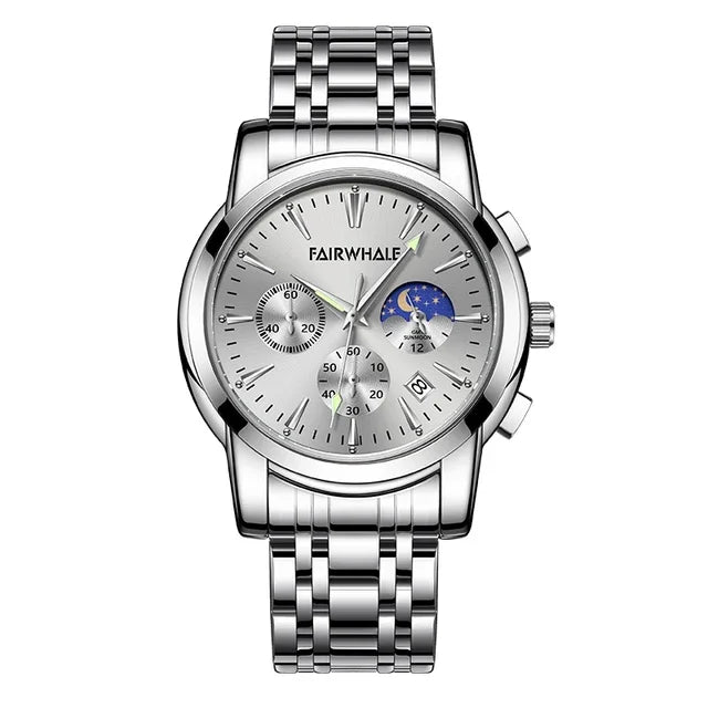 Silver dial version of Mark Fairwhale LUNARYS stainless steel men’s moon phase watch