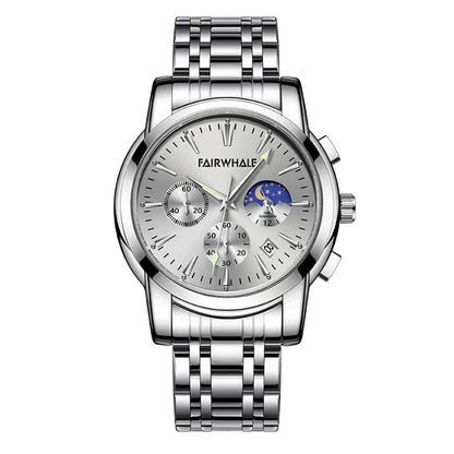 Silver dial version of Mark Fairwhale LUNARYS stainless steel men’s moon phase watch