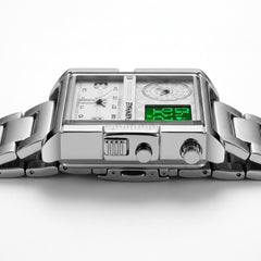 Silver digital watch with a green digital display on a white background