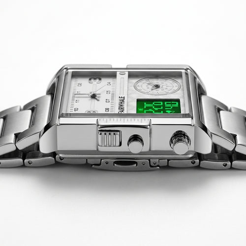 Silver digital watch with a green digital display on a white background