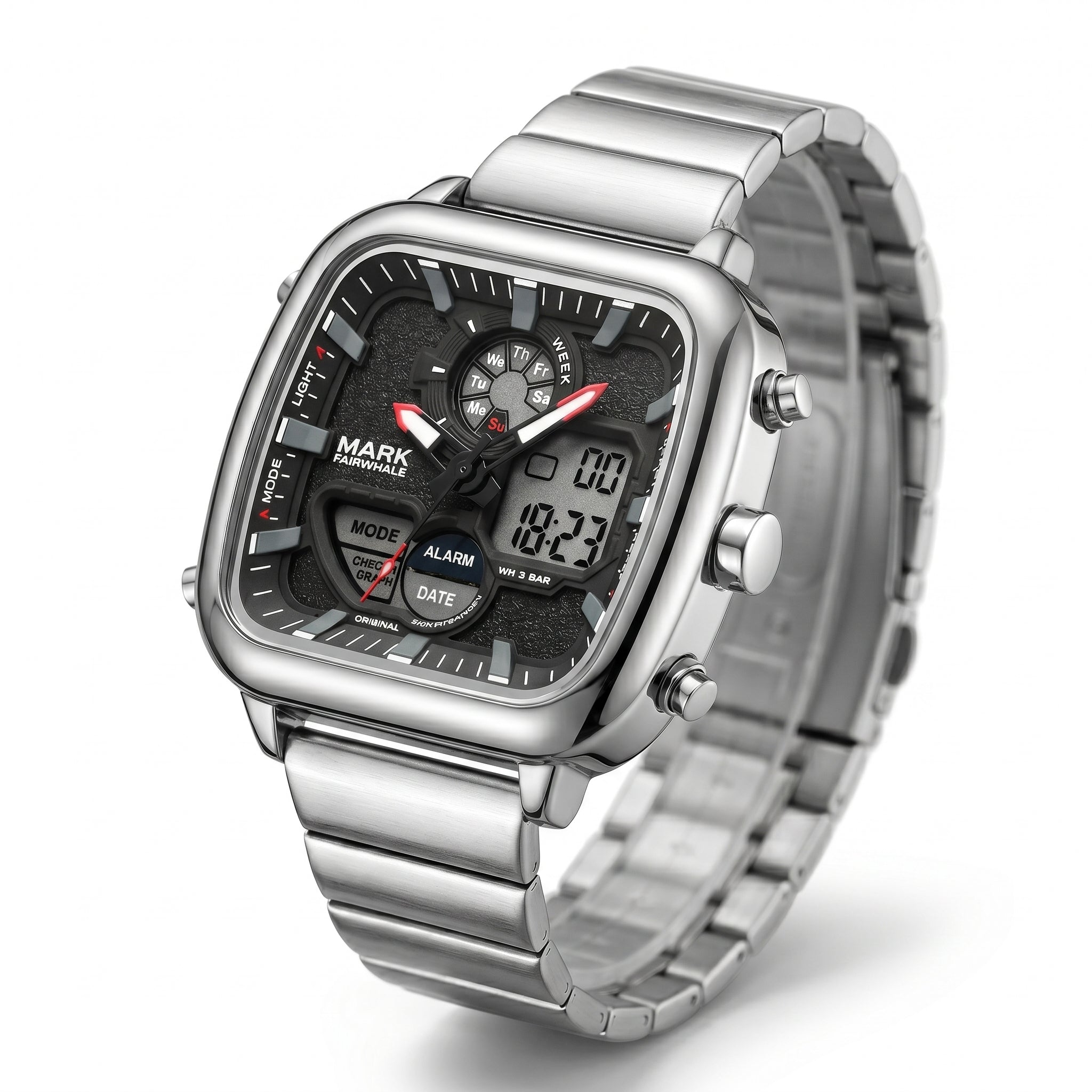 Silver digital watch with a white background