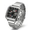 Silver digital watch with a white background