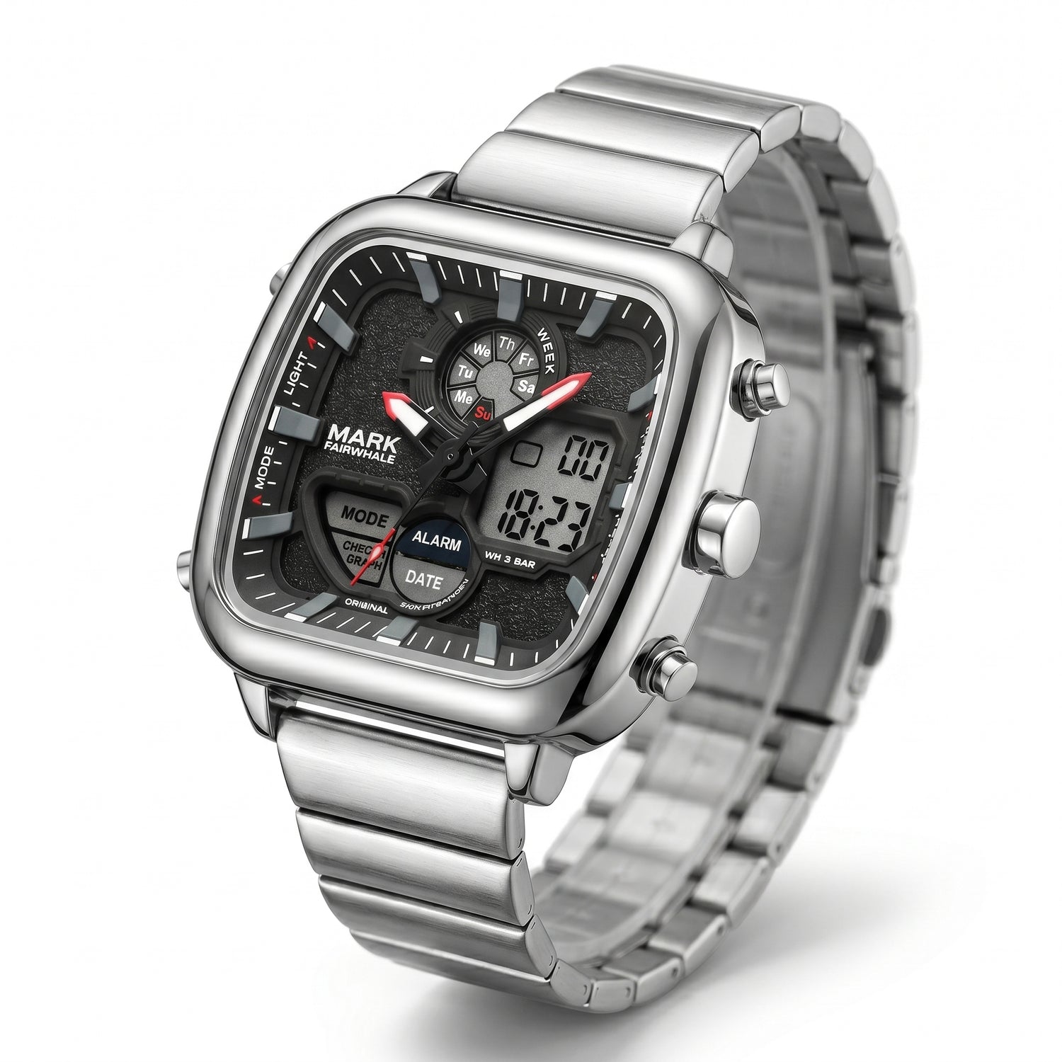 Silver digital watch with a white background