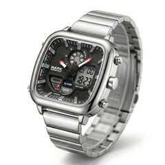 Silver digital watch with a white background