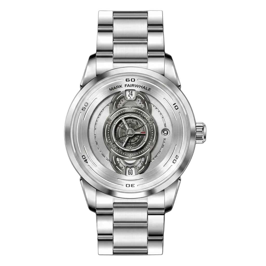 Mark Fairwhale silver skeleton watch with stainless steel bracelet and mechanical-style dial on black background
