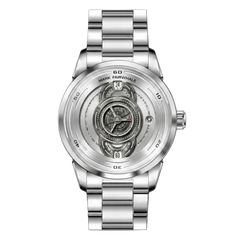 Mark Fairwhale silver skeleton watch with stainless steel bracelet and mechanical-style dial on black background
