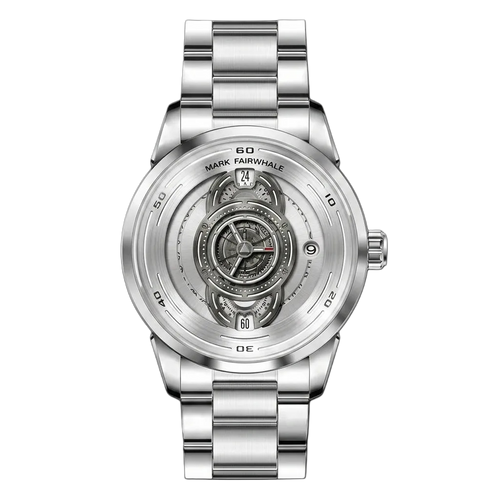 Mark Fairwhale silver skeleton watch with stainless steel bracelet and mechanical-style dial on black background