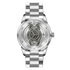Mark Fairwhale silver skeleton watch with stainless steel bracelet and mechanical-style dial on black background