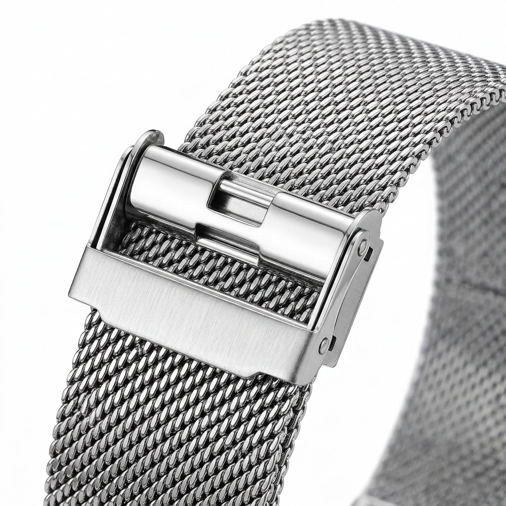 Silver mesh watch strap with a clasp on a white background