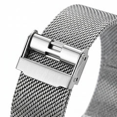 Silver mesh watch strap with a clasp on a white background