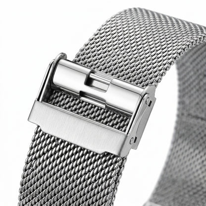 Silver mesh watch strap with a clasp on a white background