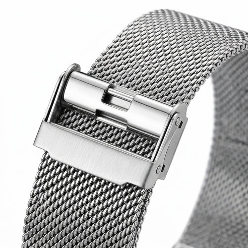 Silver mesh watch strap with a clasp on a white background