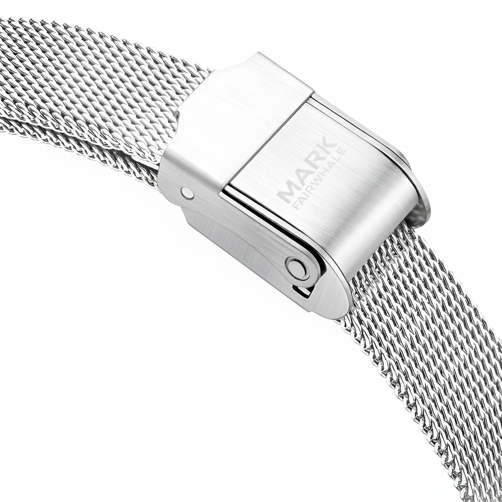 Silver mesh watch strap with clasp on a white background
