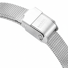 Silver mesh watch strap with clasp on a white background