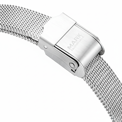 Silver mesh watch strap with clasp on a white background