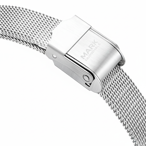 Silver mesh watch strap with clasp on a white background
