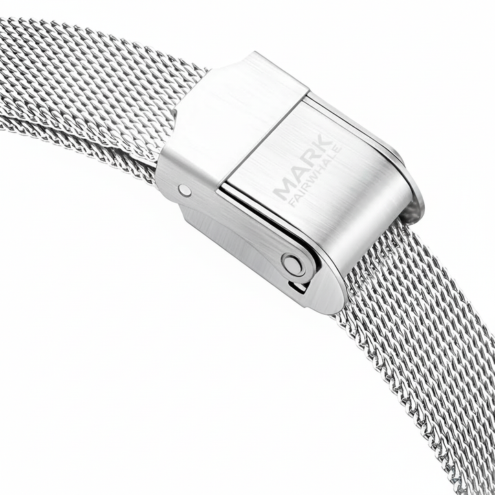 Silver mesh watch strap with clasp on a white background