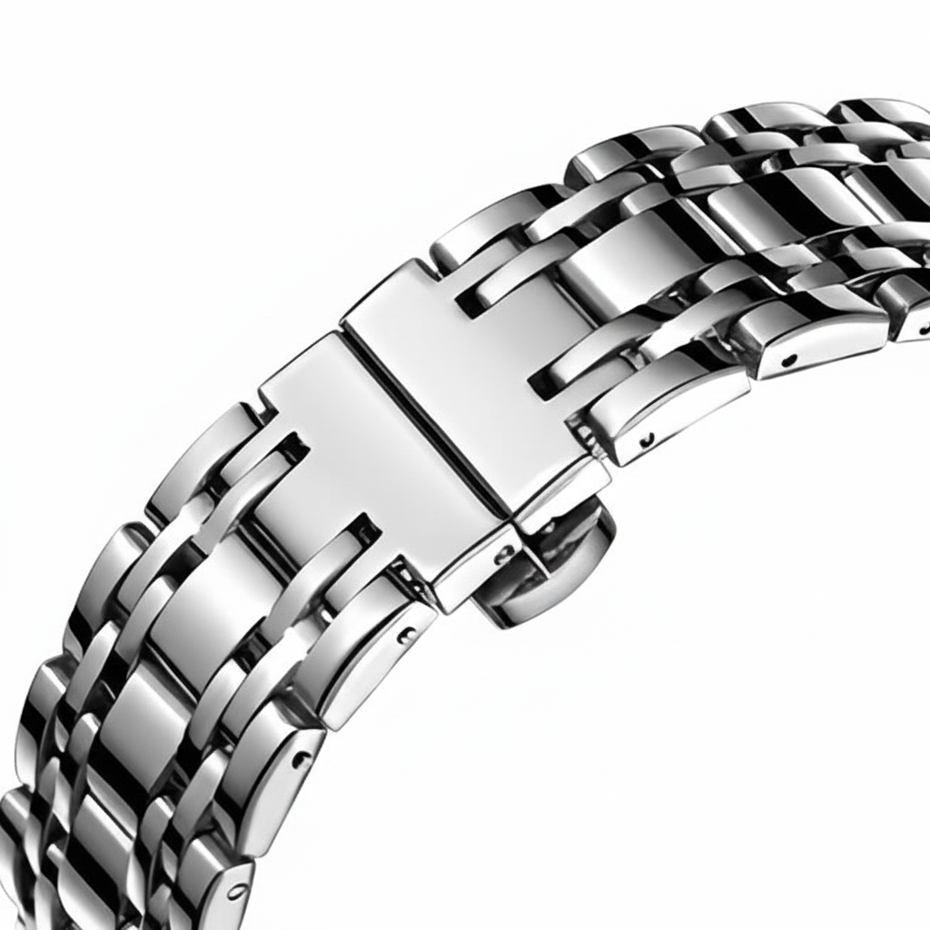 Silver metal watch strap on a white background