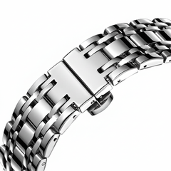 Silver metal watch strap on a white background