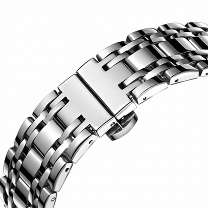 Silver metal watch strap on a white background