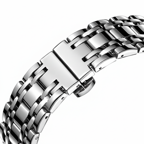 Silver metal watch strap on a white background