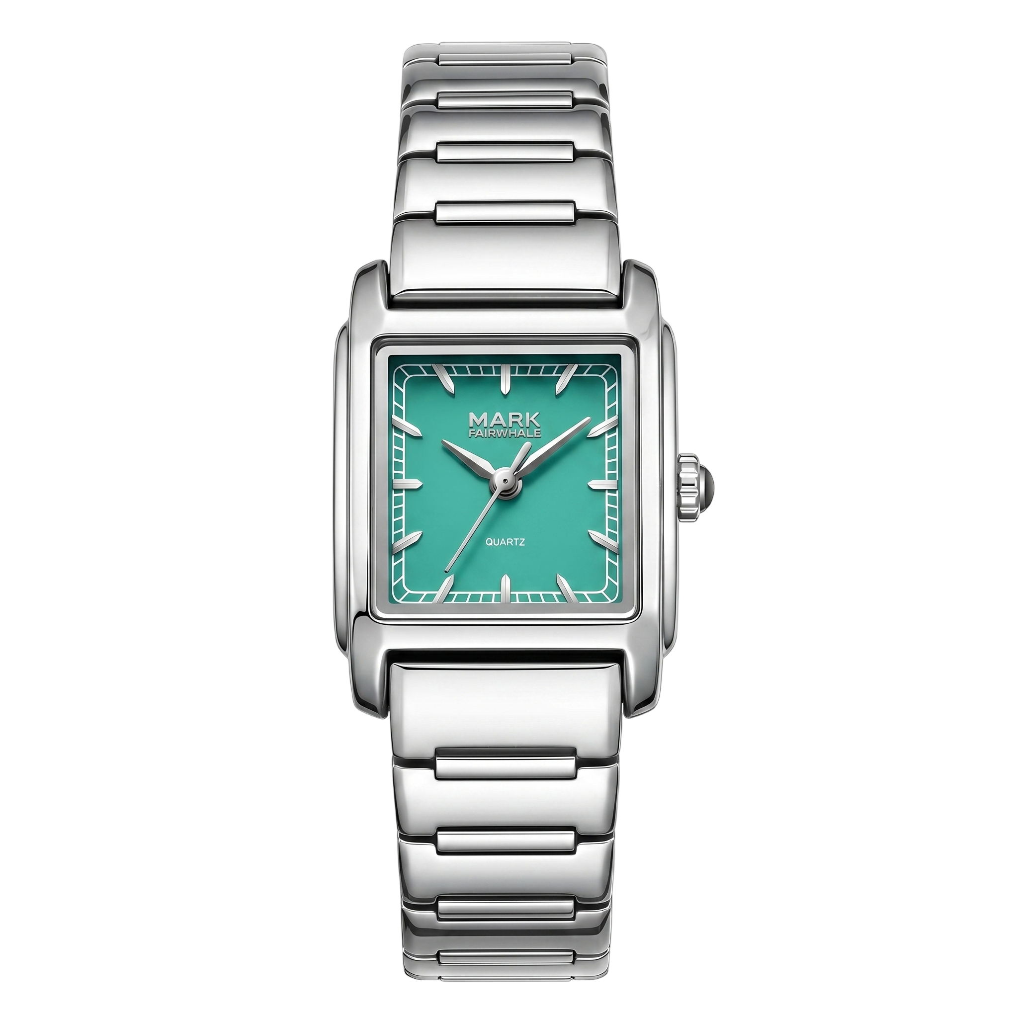 Silver watch with a green face on a white background