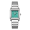 Silver watch with a green face on a white background