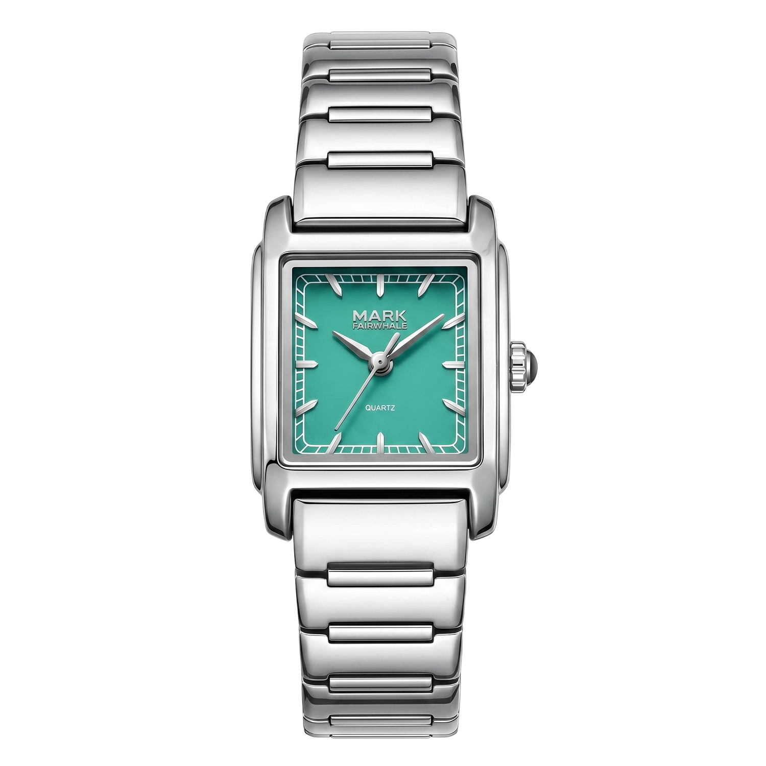 Silver watch with a green face on a white background