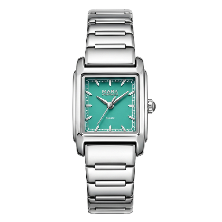 Silver watch with a green face on a white background